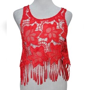 H&M×COACHELLA Vibrant Red Lace sleeveless Top With Fringe Detail. Size 6